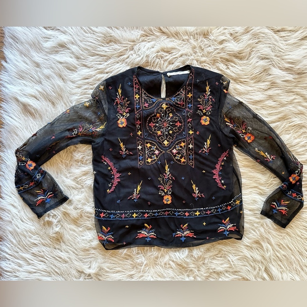 ZARA BEADED AND EMBROIDERED MESH TOP